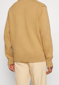 Beige gestrickter Pullover mit strukturierter Oberfläche, gerippten Bündchen und Saum sowie einer lockeren Passform, von hinten gezeigt, kombiniert mit hellen Hosen.