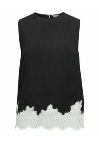 Haut noir sans manches avec une surface texturée et un ourlet en dentelle blanche festonné. Il présente un col rond et une fermeture au dos.