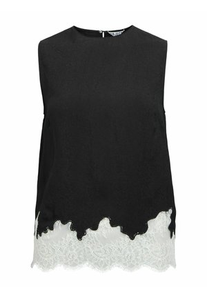 Schwarzes ärmelloses Oberteil mit strukturierter Oberfläche und einem weißen Spitzenabschluss mit Wellensaum. Verfügt über einen runden Halsausschnitt und einen Verschluss im Rücken.