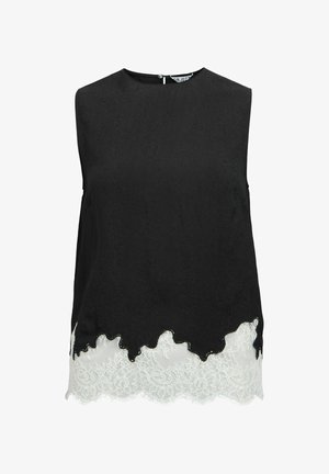 Czarny bezrękawnik o teksturowanej powierzchni z białym koronkowym wykończeniem w kształcie falbanek. Posiada okrągły dekolt i zapięcie z tyłu.