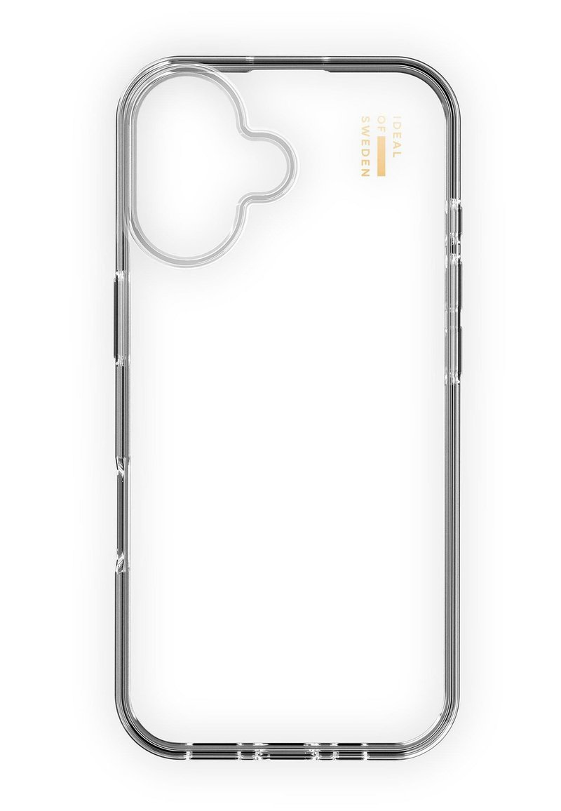 Klar telefoncover med et afrundet design, der har præcise udsparinger til kamera og knapper, glat overflade og indgraveret logo-detalje.