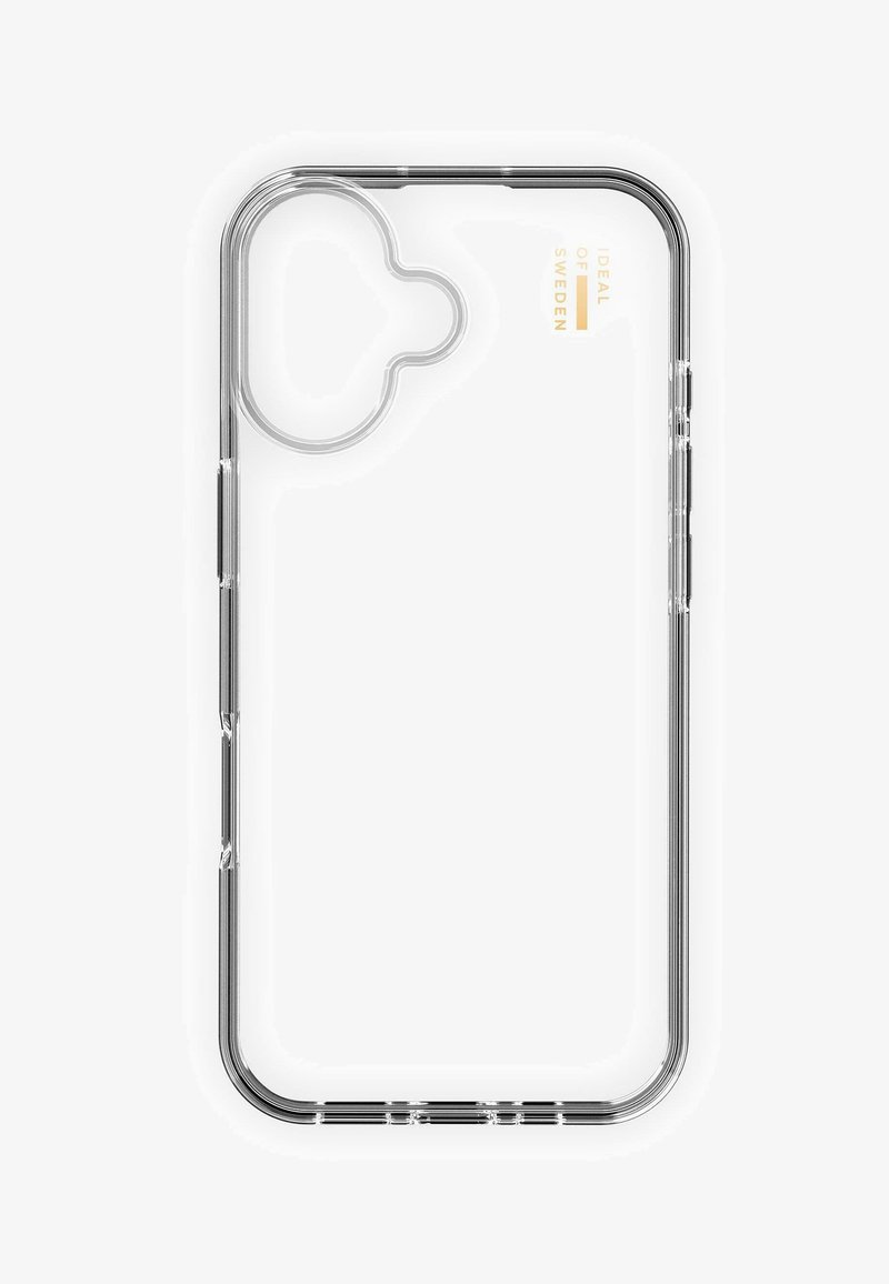 Coque de téléphone transparente au design arrondi, avec des découpes précises pour l'appareil photo et les boutons, finition brillante et détail de logo gravé.