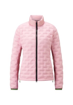 Light pink quilted jacket with a high collar, front zipper, and black zipper accents. Features textured pattern and elastic cuffs with green trim.