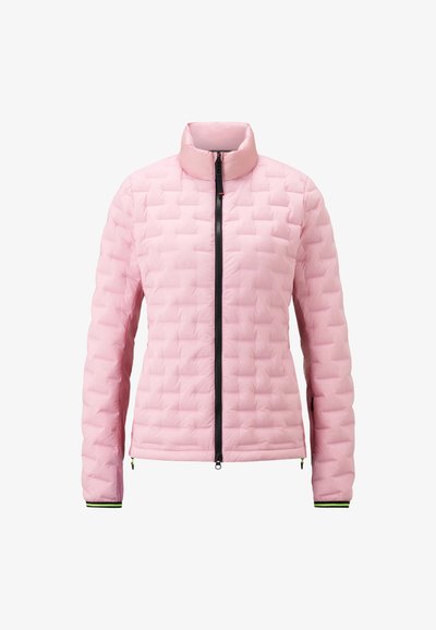 Helles rosa gesteppte Jacke mit hohem Kragen, Frontreißverschluss und schwarzen Reißverschlussakzenten. Verfügt über ein strukturiertes Muster und elastische Bündchen mit grüner Blende.