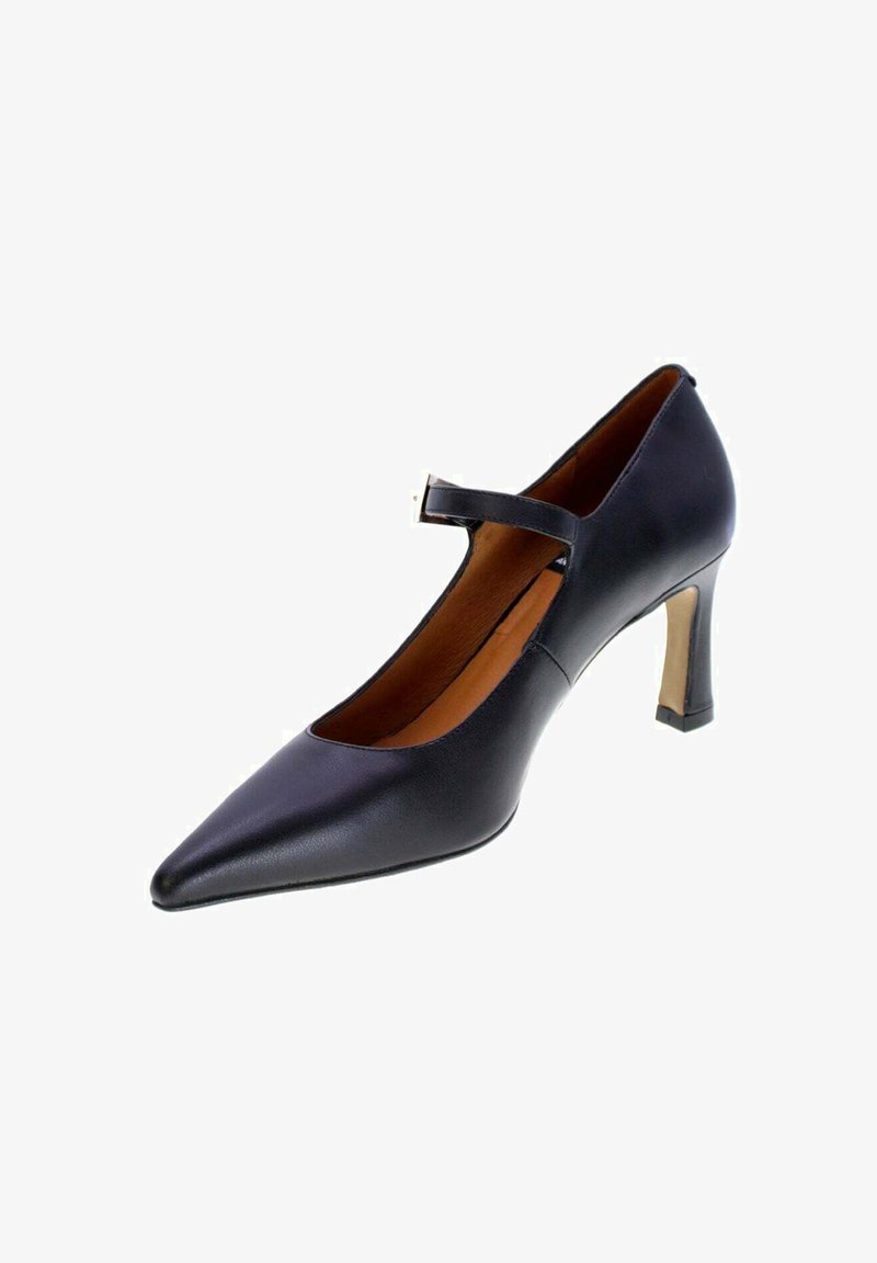 Mary Jane nera in pelle con tacco alto, punta appuntita e sottile cinturino sulla parte superiore del piede, interno della suola beige.