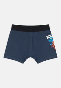 Marineblaue Boxershorts mit einem schwarzen elastischen Bund. Auf der linken Seite befindet sich ein farbenfrohes Grafikdesign von Ninjas in Rot und Blau.
