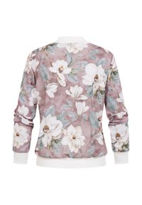 Takakuva mauvasta pitkähihallisesta takista, jossa valkoinen kukka- ja vihreä lehtikuvio, valkoiset kalvosimet ja valkoinen vyötärönauha.