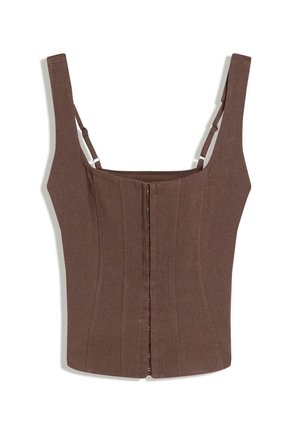 Rjav top brez rokavov s prilagojenim krojem, širokimi naramnicami, navpičnimi šivi in sprednjimi zapenjanji na kljukice.