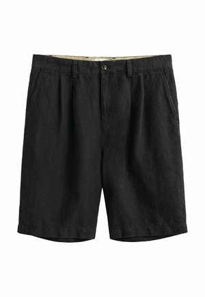 Zwarte casual korte broek met knoopsluiting, riemlussen, zijzakken en een licht gestructureerde stof tegen een witte achtergrond.