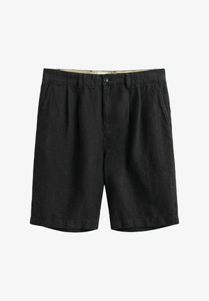 Zwarte casual korte broek met knoopsluiting, riemlussen, zijzakken en een licht gestructureerde stof tegen een witte achtergrond.