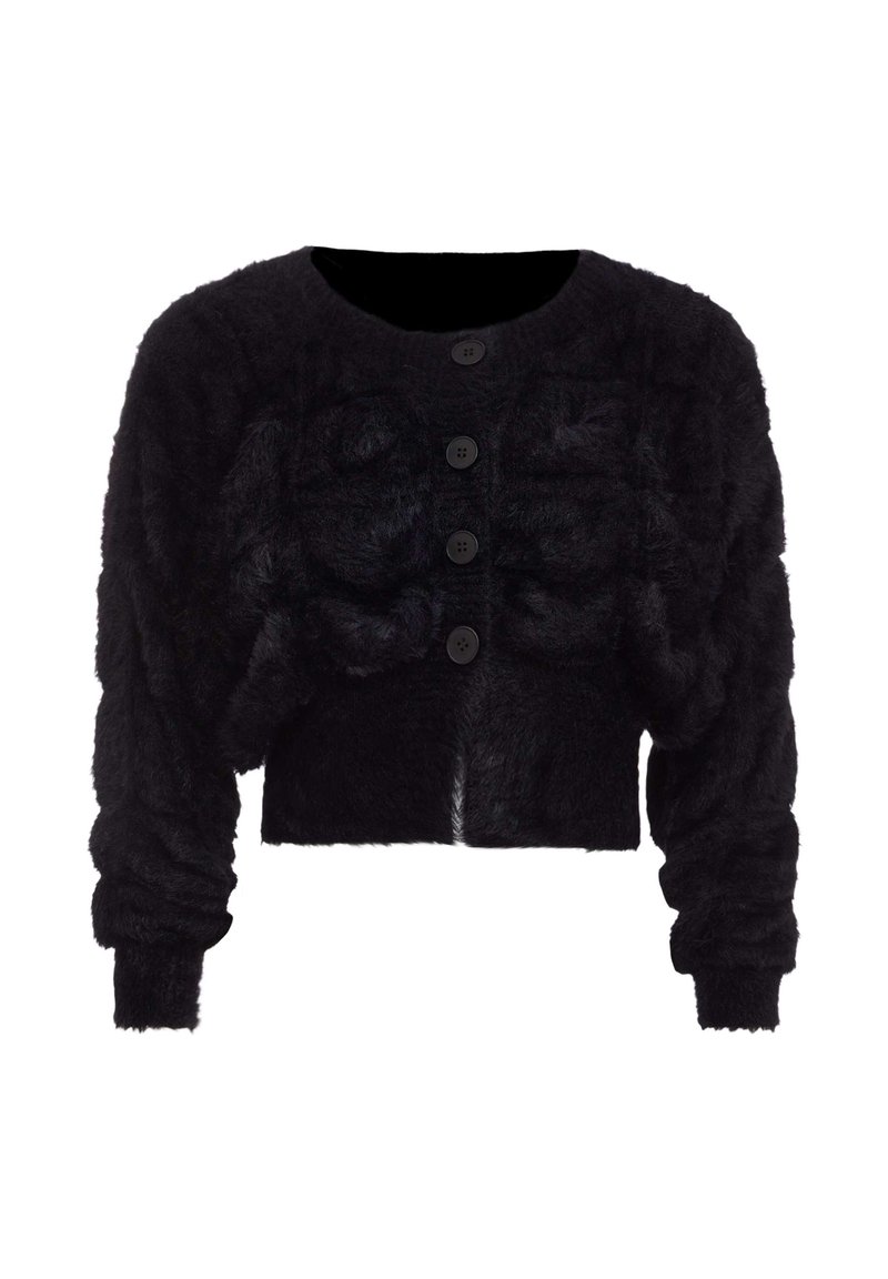 Svart fluffig kort cardigan med långa rynkade ärmar och fyra framsidans knappar i mitten.