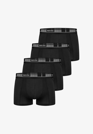 Cztery czarne bokserki ułożone jedna na drugiej, każda z elastycznym paskiem w pasie z logo "nurdie" oraz siateczkowymi panelami po bokach.