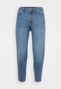 Light blue denim jeans with a straight-cut design, featuring a button closure, five pockets, and subtle horizontal stitching details.