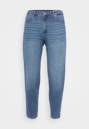 Blugi din denim de un albastru deschis cu un design drept, dotate cu o închidere cu nasture, cinci buzunare și detalii subțiri de cusătură orizontală.