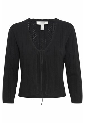 Black, knitted cardigan featuring a V-neck, lace panel detailing, and a tie closure at the front. Long sleeves and ribbed cuffs.