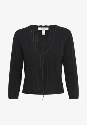 Svart, stickad cardigan med V-ringning, spetspaneler och knytning framtill. Långa ärmar och ribbade manschetter.