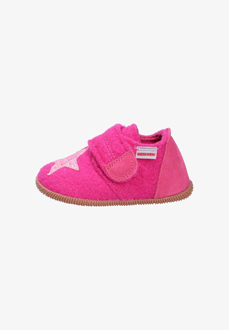 Chaussons en feutre rose avec une surface texturée, ornés d'une étoile brillante en rose pâle et d'une sangle en Velcro. Semelle en caoutchouc pour une meilleure adhérence.