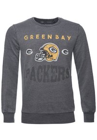 Felpa grigia con il testo "Green Bay Packers" in giallo e nero, accompagnata da un grafico di un casco da football giallo. Collo a giro e polsini a coste.