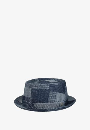 Blue and gray patchwork fedora hat with textured fabric and a narrow brim, shown against a white background.