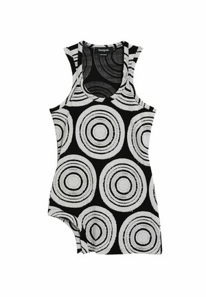 Schwarzes Tanktop mit weißen kreisförmigen Mustern. Aus weichem Stoff gefertigt, mit Rundhalsausschnitt und breiten Schulterträgern. Asymmetrisches Saumdetail.