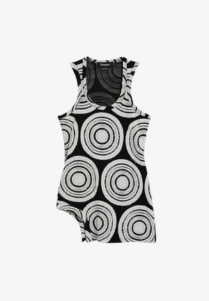 Top negro sin mangas con patrones circulares blancos. Fabricado en una tela suave con cuello redondo y tirantes anchos. Detalle de dobladillo asimétrico.