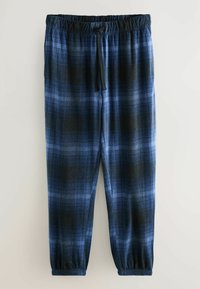 Navy en zwarte geruite pyjamabroek met elastische tailleband, trekkoord en taps toelopende boorden, gemaakt van zachte stof.