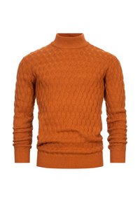 Pull à col roulé en tricot orange brûlé avec un motif ondulé texturé et des poignets et ourlet côtelés.