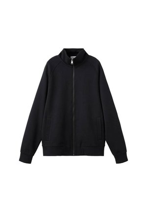 Črna zip-up huppa z visokim ovratnikom, dolgimi raglan rokavi in stranskimi žepi. Narejena iz mehkega, teksturiranega blaga z udobnim krojem.