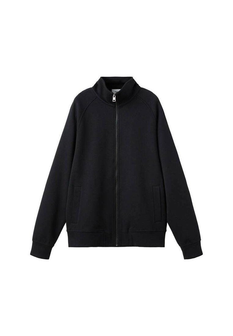 Schwarze Reißverschluss-Sweatjacke mit hohem Kragen, langen Raglanärmeln und seitlichen Taschen. Hergestellt aus weichem, strukturiertem Stoff mit einer lockeren Passform.