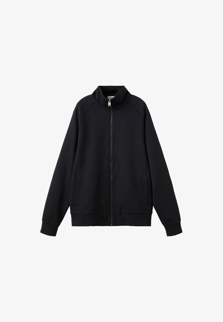 Schwarze Reißverschluss-Sweatjacke mit hohem Kragen, langen Raglanärmeln und seitlichen Taschen. Hergestellt aus weichem, strukturiertem Stoff mit einer lockeren Passform.