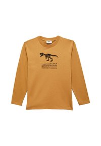 Pitkähihaineen paita sinapinkeltaista puuvillaa, jossa on musta Tyrannosaurus-rex -luurankografiikka ja teksti alla. Pyöreä kaulus, rento malli.