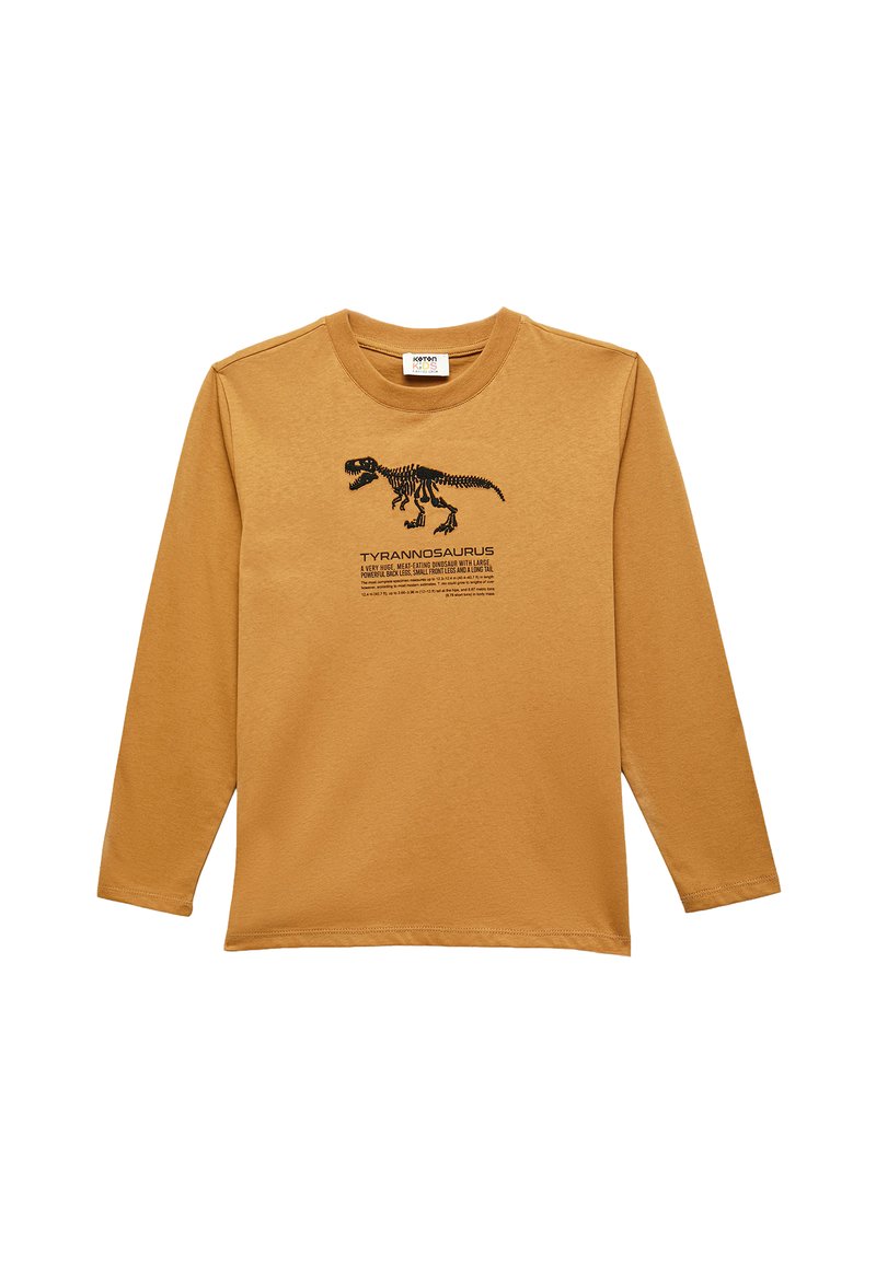 Pitkähihaineen paita sinapinkeltaista puuvillaa, jossa on musta Tyrannosaurus-rex -luurankografiikka ja teksti alla. Pyöreä kaulus, rento malli.