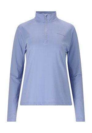 Lyst blå langærmet pullover med halv-zip krave. Fremstillet af glat, letvægtsstof med et diskret logo på brystet.