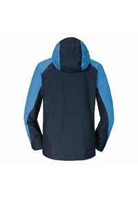 Wasserfeste Jacke in Marineblau und Hellblau, mit Kapuze und strukturiertem Stoff, ausgestattet mit Kontrastfarbpanelen an Ärmeln und Schultern.