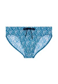 Slip de bain homme bleu à motifs, orné de petites formes géométriques blanches et bleu foncé, avec un cordon noir à la taille.