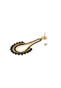 Złocone kolczyki wiszące z czarnymi koralikami i warstwowym wzorem. Posiadają zapięcie na sztyft oraz oddzielną gumową zatyczkę.