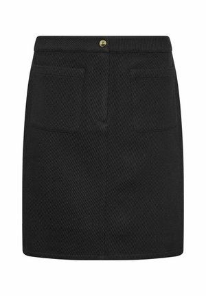 Zwarte kobaltblauwe minirok van corduroy met voorzakken en een enkele gouden knoop aan de tailleband, rechte zoom en verticale geribbelde textuur.