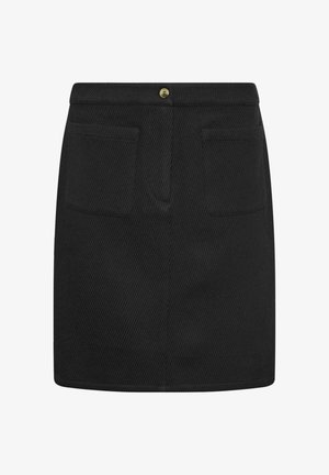 Sort fløjlsbuksekjol mini med forlommer og en enkelt guldknap i taljen, lige kant og lodret ribbet tekstur.