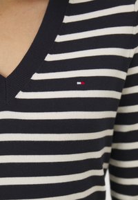 Navy and cream striped knit sweater with a V-neck. Features a small signature logo in red, white, and blue on the chest. Soft texture.