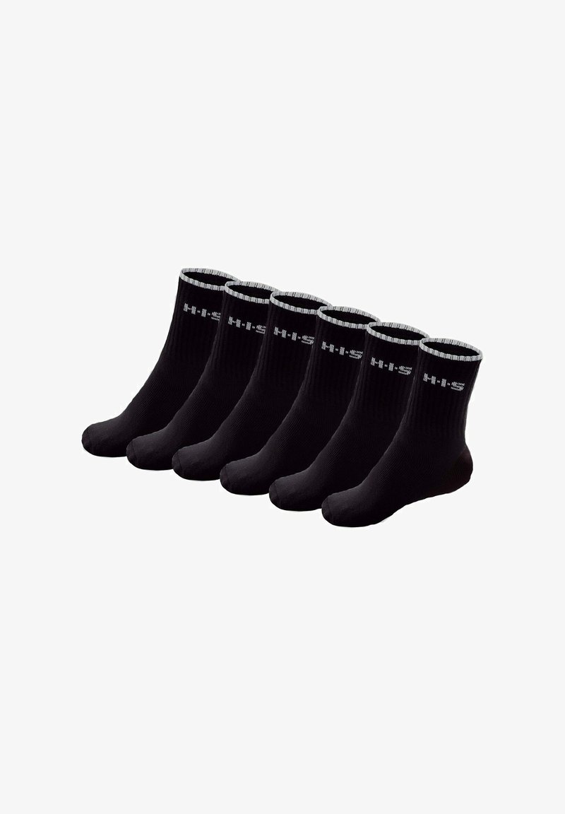 Lot de six paires de chaussettes en coton noir, présentant une texture côtelée et des accents gris contrastants au niveau du revers, avec un logo de marque.