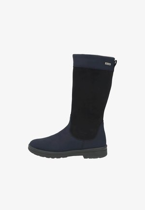 Knee-high navy blue boots with a smooth top and textured black sides, rubber sole, and a small logo accent on the upper.