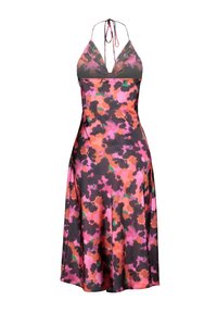 Halter-neck klänning i lätt tyg, med ett flerfärgat abstrakt mönster i dominerande rosa, orange och svarta nyanser.