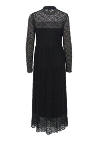 Rochie neagră din dantelă cu mâneci lungi, gât înalt și siluetă fluidă. Model floral delicat și textură transparentă pe întreaga suprafață.