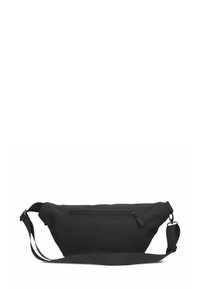 Riñonera de tela negra con un diseño curvado. Cuenta con un bolsillo delantero con cremallera y una correa ajustable. Textura suave, aspecto minimalista.