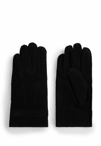 Black suede gloves with a smooth texture, featuring five fingers, stitched accents, and a wrist strap for secure fit.