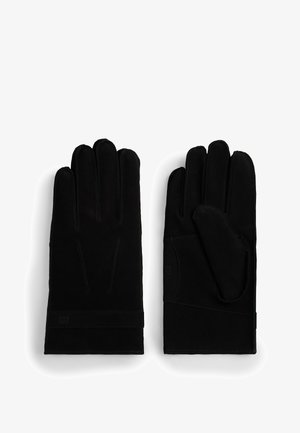 Zwarte suède handschoenen met een gladde textuur, voorzien van vijf vingers, gestikte accenten en een polsband voor een veilige pasvorm.