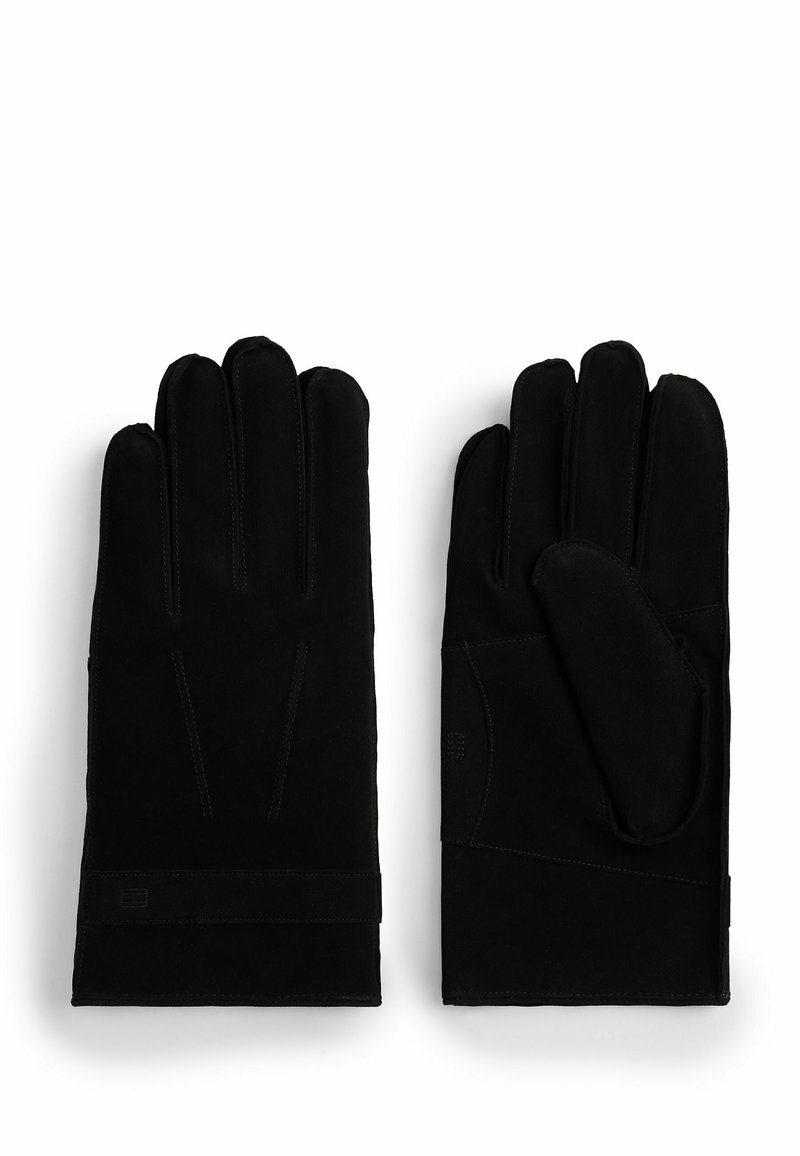 Black suede gloves with a smooth texture, featuring five fingers, stitched accents, and a wrist strap for secure fit.