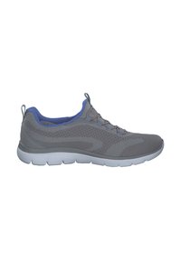 Baskets en tricot respirant grises avec doublure intérieure bleue, languettes de tirage et semelle blanche flexible et segmentée, vues de côté.