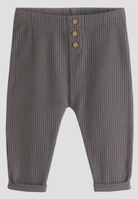 Gray ribbed pants with a soft texture, featuring three wooden buttons at the waist and rolled cuffs. The design includes vertical stripes.