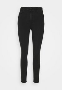 Jeans skinny de cintura alta en negro, confeccionados en denim, con un diseño clásico, textura suave y estilo estándar de cinco bolsillos.